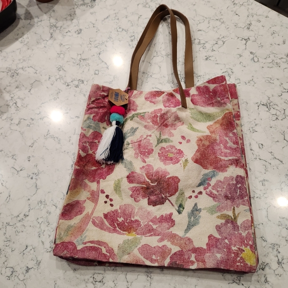 FLORAL FLIRTY POM POM CANVAS TOTE BAG WATERCOLOR ECCOLO NWT cream & pink - Picture 6 of 12